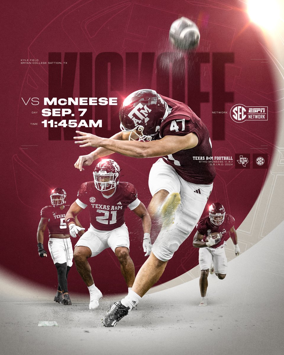 Texas A&M Football (@aggiefootball) on Twitter photo First 3 kickoff times are set. ✅
🏈 8/31 vs Notre Dame: 6:30 PM, ABC
🏈 9/7 vs McNeese: 11:45 AM, <a href="/SECNetwork/">SEC Network</a>
🏈 9/14 at Florida, 2:30 PM, ABC
🔗 aggi.es/4511LTP
#GigEm First 3 kickoff times are set. ✅
🏈 8/31 vs Notre Dame: 6:30 PM, ABC
🏈 9/7 vs McNeese: 11:45 AM, <a href="/SECNetwork/">SEC Network</a>
🏈 9/14 at Florida, 2:30 PM, ABC
🔗 aggi.es/4511LTP
#GigEm