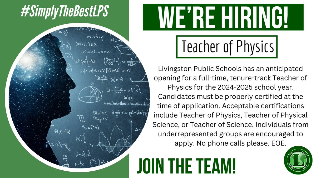 Calling all Physics Teachers!  Come join our team!  #SimplyTheBestLPS <a href="/NSTA/">National Science Teaching Association</a> <a href="/LivSchools/">Livingston Schools</a>
