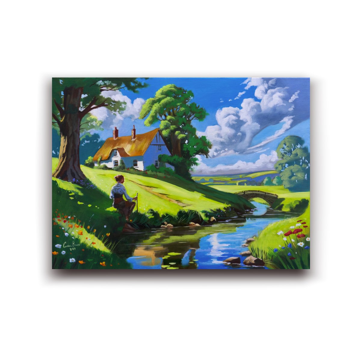 This oil painting captures a serene scene of a woman by a tranquil river, with a stately country house and stone bridge in the background. 🎨🏞️ #Art #OilPainting #Nature #PeacefulMoments  gordonbrucefineart.com/products/river…