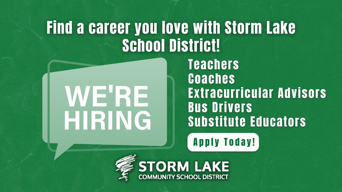 We’re hiring for the 2024-25 school year! See if there’s a role in our schools that opens up your next big career opportunity. 🔍

Learn more &amp; apply today: storm-lake.k12.ia.us/o/slcsd/page/e… #AmericasSchool