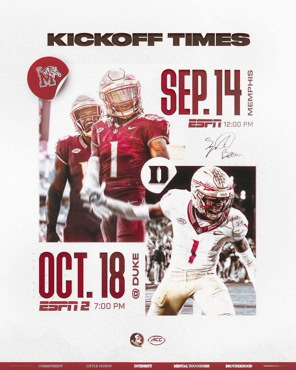 More game time announcements!

🗓️: September 14 vs. Memphis
📍: TALLAHASSEE
⌚️: Noon
📺: ESPN

🗓️: October 18 at Duke
📍: Durham, N.C.
⌚️: 7:00pm
📺: ESPN2

🔗: noles.co/24KickTimes

#NoleFamily | #KeepCLIMBing