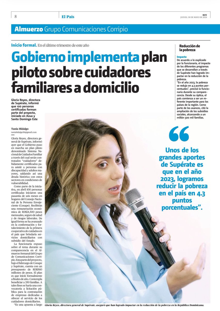 ViktorBautista's tweet photo. Doy seguimiento a @GloriaReyesG y veo en ella a una “woman of action”, hábil expositora de ideas y armadora. El plan de los cuidadores familiares tendrá defensores en el Congreso (gente joven que ella impulsó para entrar al mundo legislativo) que le darán base legal e institucional. La veo como uno de los activos más valiosos del @PRM_Oficial