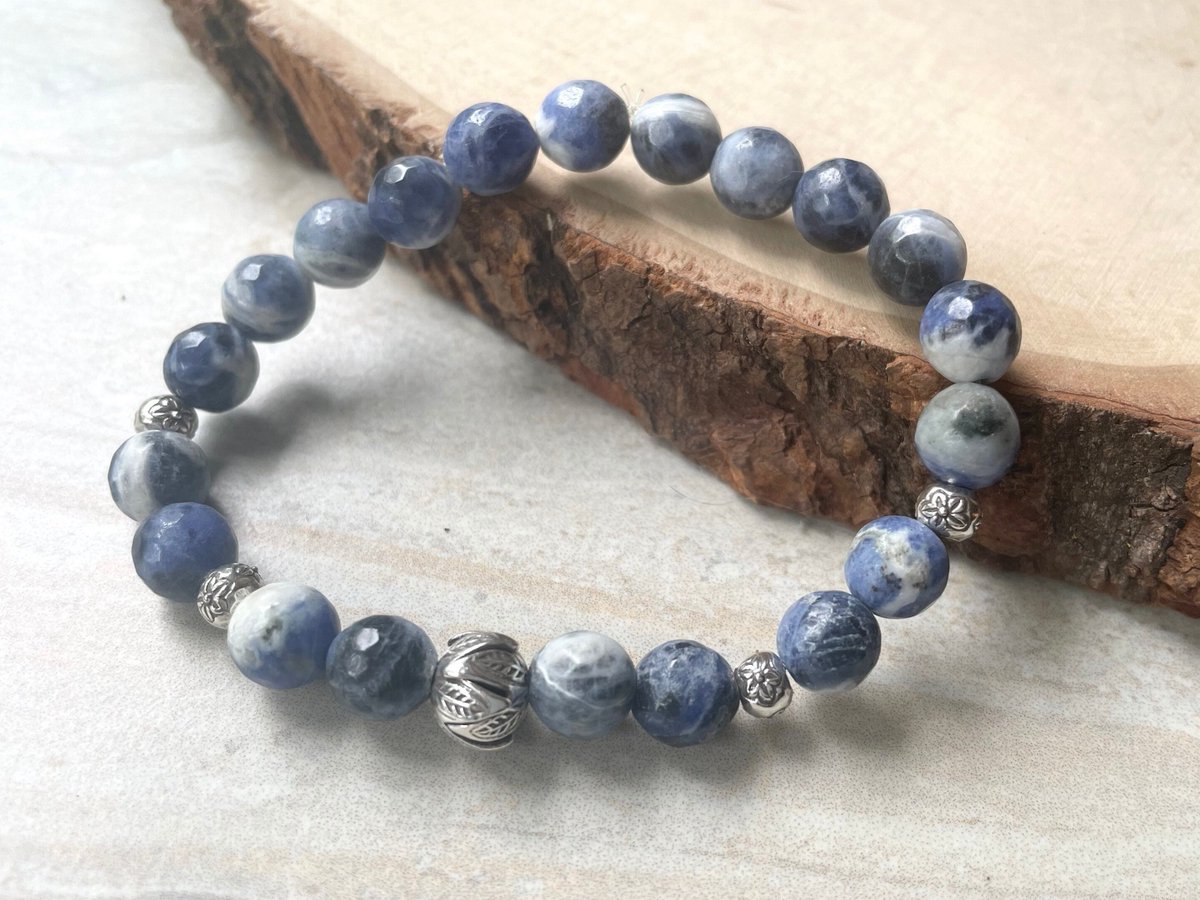 Sodalite and Sterling Silver Beaded Bracelet Stretch Style Stackable Blue and White Boho Bracelet tuppu.net/f0af4af9 #JemsbyJBandCompany #Handcrafted #Jewelry trends