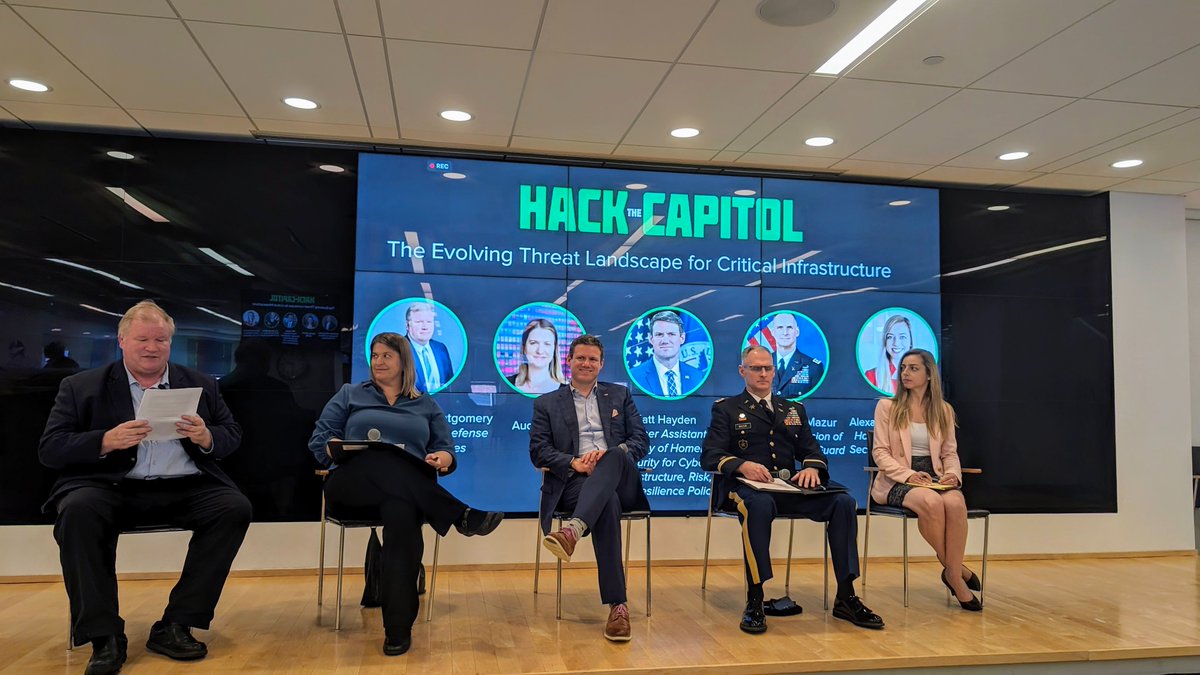 The Evolving Threat Landscape for #CriticalInfrastructure moderated by RADM (RET) Mark Montgomery with Audrey A., Matt Hayden, Gerald Mazur, and Alexandra Seymour. #hackthecapitol