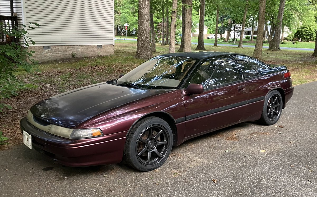 I’ve started to restore this rare 1992 Subaru SVX. The split windows are pretty cool. New crankshaft pulley, hood struts, wheels+tires installed. Brakes, rotors, and wheel bearings next. New spoiler as well. Eventually I’ll manual swap it