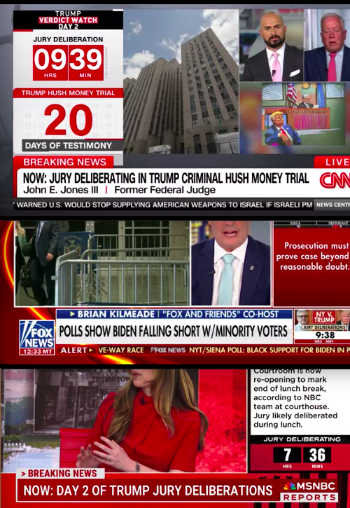 Those flipping back and forth between CNN, Fox and MSNBC will notice that MSNBC's juror deliberation clock is approximately two hours behind the other two. I am told that's because the network paused the clock while juror instructions and testimony were read back this morning.