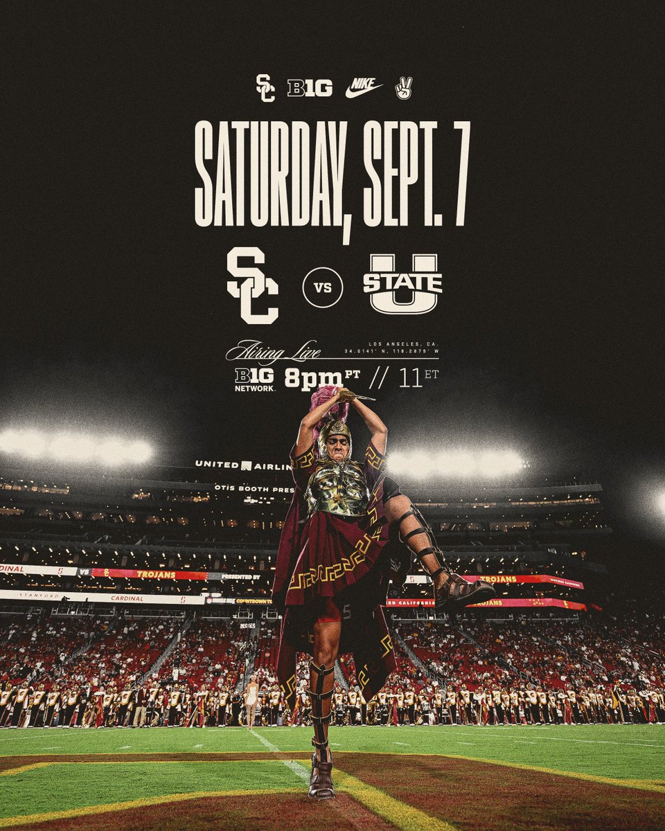 Kicking it off at the Coli on @BigTenNetwork! 📺✌️ 🗓️ Saturday 9/7 ⌚️ 8 PT / 11 ET 🏟️ @lacoliseum 🎟️ hoo.be/uscfb