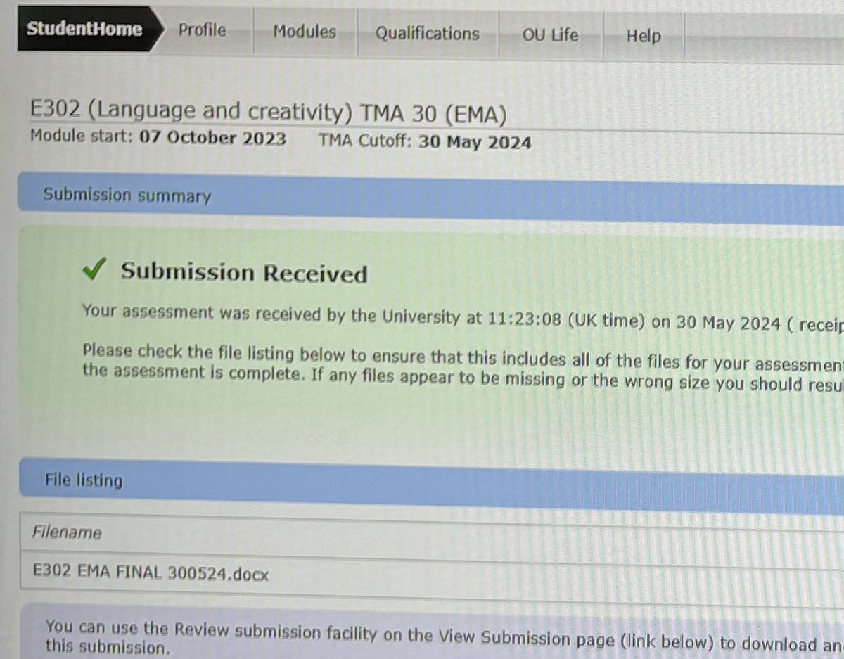 WoodcockNina's tweet image. I did it!! After 8 long years (2 years deferred) of study, I have submitted my last ever assignment for this degree.
The next question is, to MA, or not to MA!? @OpenUniversity #openuniversity #artsandhumanities
#bahonsartsandhumanities 
#creativewritingmasters