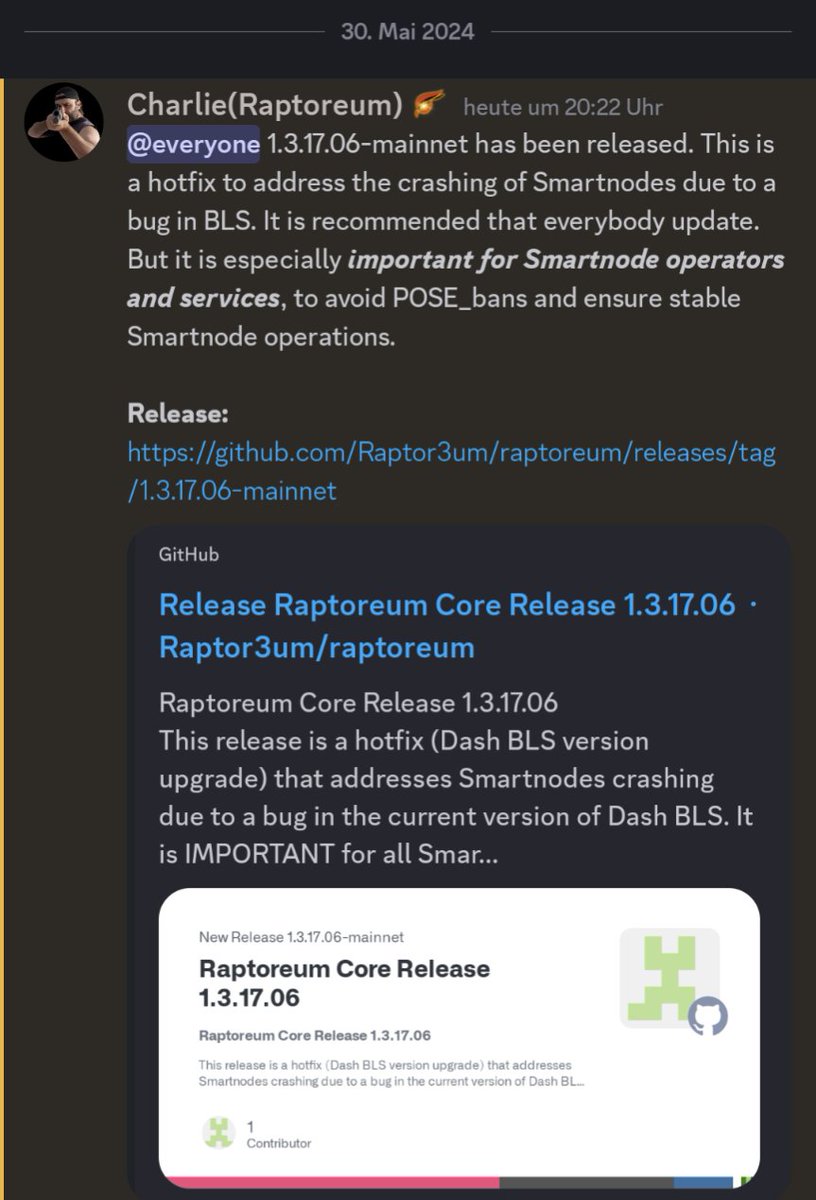 Wir haben ein Update von RTM Core. Es behebt ein paar Fehler bei SmartNodes. Besitzer von SmartNodes sollten unbedingt die neue Version nutzen.

🟨github.com/Raptor3um/rapt…