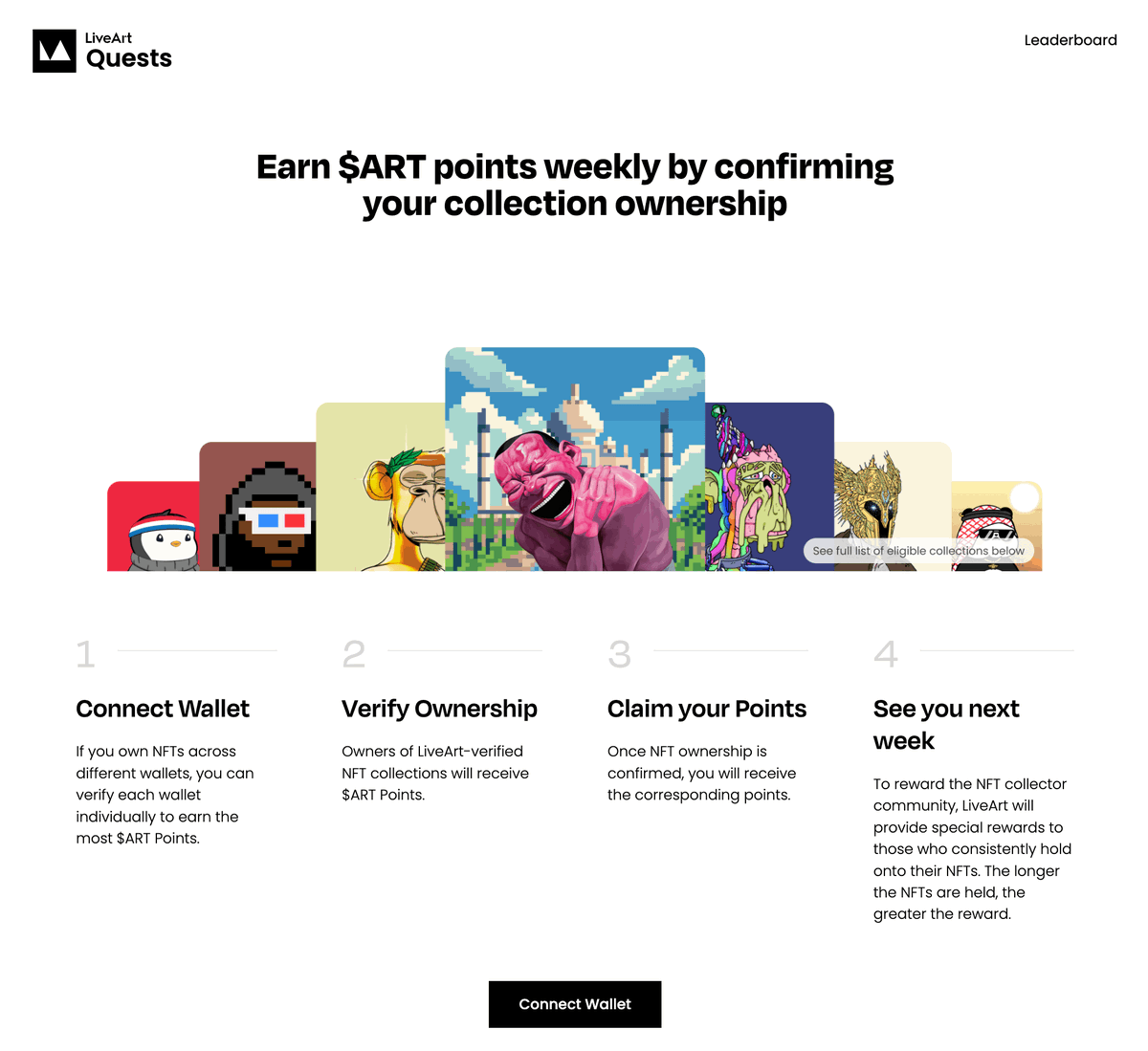 🎉 We're excited to announce that the NFT Ownership Verification Game is LIVE! Over 100+ NFT Collections are eligible to get 50 $ART points per NFT you hold! 💎 The more NFTs you own and the longer you hold them, the more points you earn! The points will be eligibility for $ART