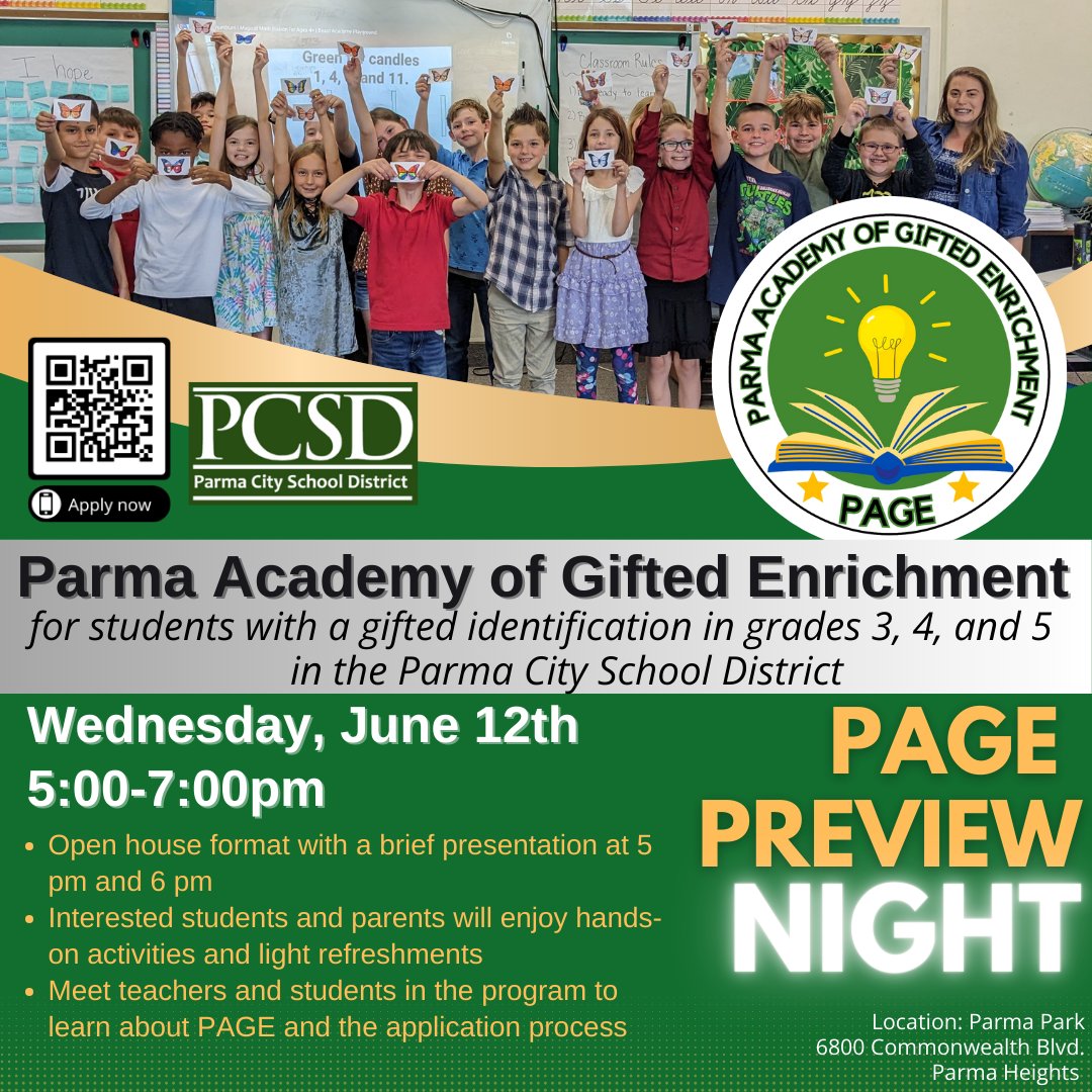 Parma Academy of Gifted Enrichment (PAGE) is a full-time, specialized program dedicated to meeting the needs of gifted learners within the Parma City School District.