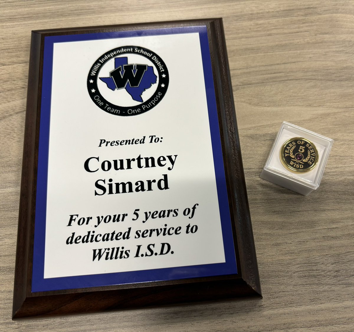 CourtneySimard's tweet photo. I am so proud to have received my 5 year recognition plaque for Willis ISD (10 years in all). I love my job and cannot wait to see what next year has in store. For now, it’s time to make some memories with my family. ☀️ 💜 https://t.co/HZJn0V57QE