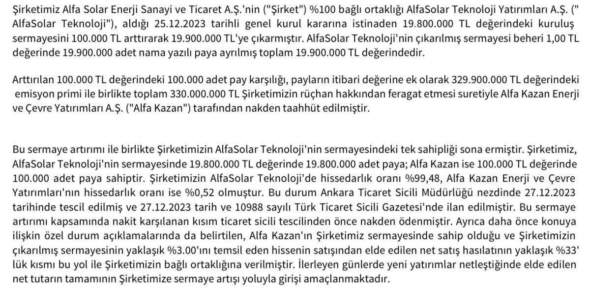 #alfas #alfasolar 

Buradan tüm Alfa Solar yatırımcılarının merak ettiği ve bana da mesaj yoluyla çok kez sorduğu bir soruyu sormak istiyorum.

20 Kasım tarihinde Alfa Solar yaklaşık %3’e tekabul eden oranda hisse satışı yapmaya karar vermişti.

Bu satış brüt 1.050.000.000 TL