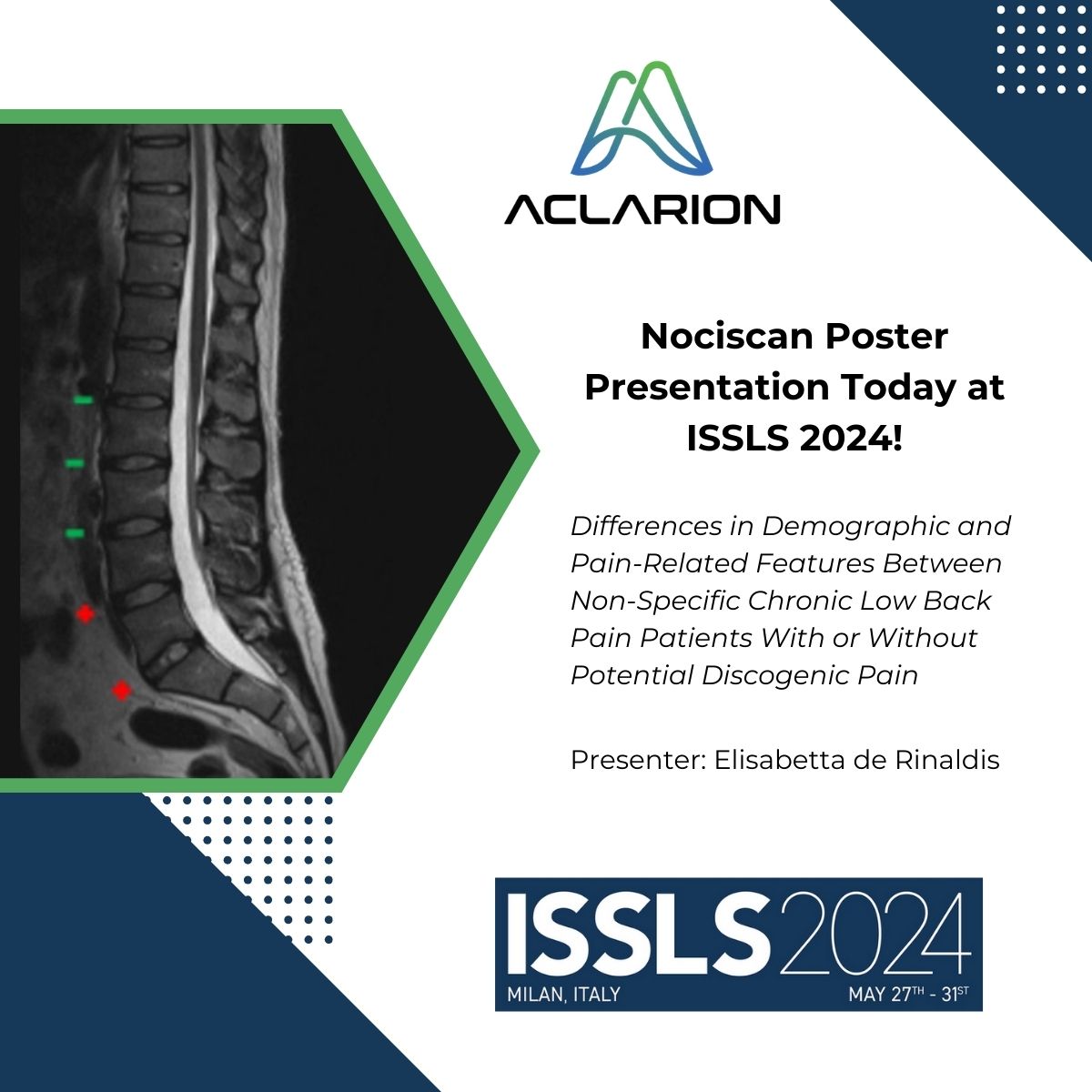 aclarioninc's tweet photo. Excellent and informative poster presentation today by Elisabetta de Rinaldis on the differences between demographic and pain-related features of the spine at #ISSLS2024 #ISSLS #spine #ACON #ACONW #nasdaq #microcap #daytrading #stocks #smallcap https://t.co/C7v6LsVNkv