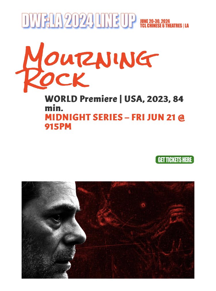 BillyBurkeFansU's tweet photo. 💥 #MourningRock is premiering at the amazing @danceswithfilms festival on Friday June 21st @ 9:15 pm at the famous TCL Mann Chinese Theaters in Los Angeles. 🎟️ Grab your tickets for the WORLD PREMIERE now: https://t.co/8XyDY8C541 #BillyBurke https://t.co/Dd1n7zI0PR