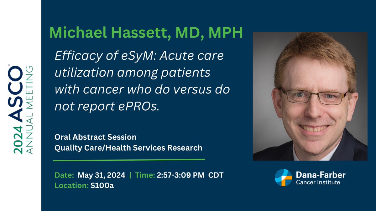 DFCI_BreastOnc's tweet image. Tomorrow, Day 1 of #ASCO24, check out Dr. Michael Hassett&apos;s talk on the efficacy of #ElectronicSymptomManagement👉Acute care utilization among pts w/ cancer who do vs do not report #ElectronicPatientReportedOutcomes (#ePROs) in the Quality Care/Health Services Research Session.