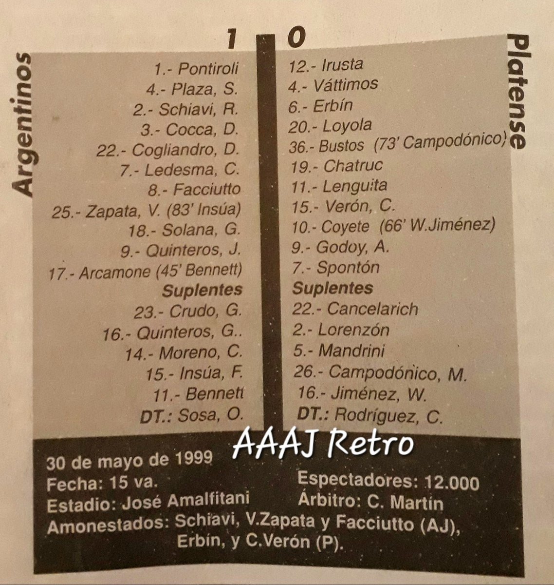 ArgentinosRetro's tweet photo. 30 de mayo de 1️⃣9️⃣9️⃣9️⃣
En Liniers, el inolvidable 
Argentinos Juniors 1 ( Polo Quinteros) - Platense 0
#AAAJ https://t.co/064VUvf4A9
