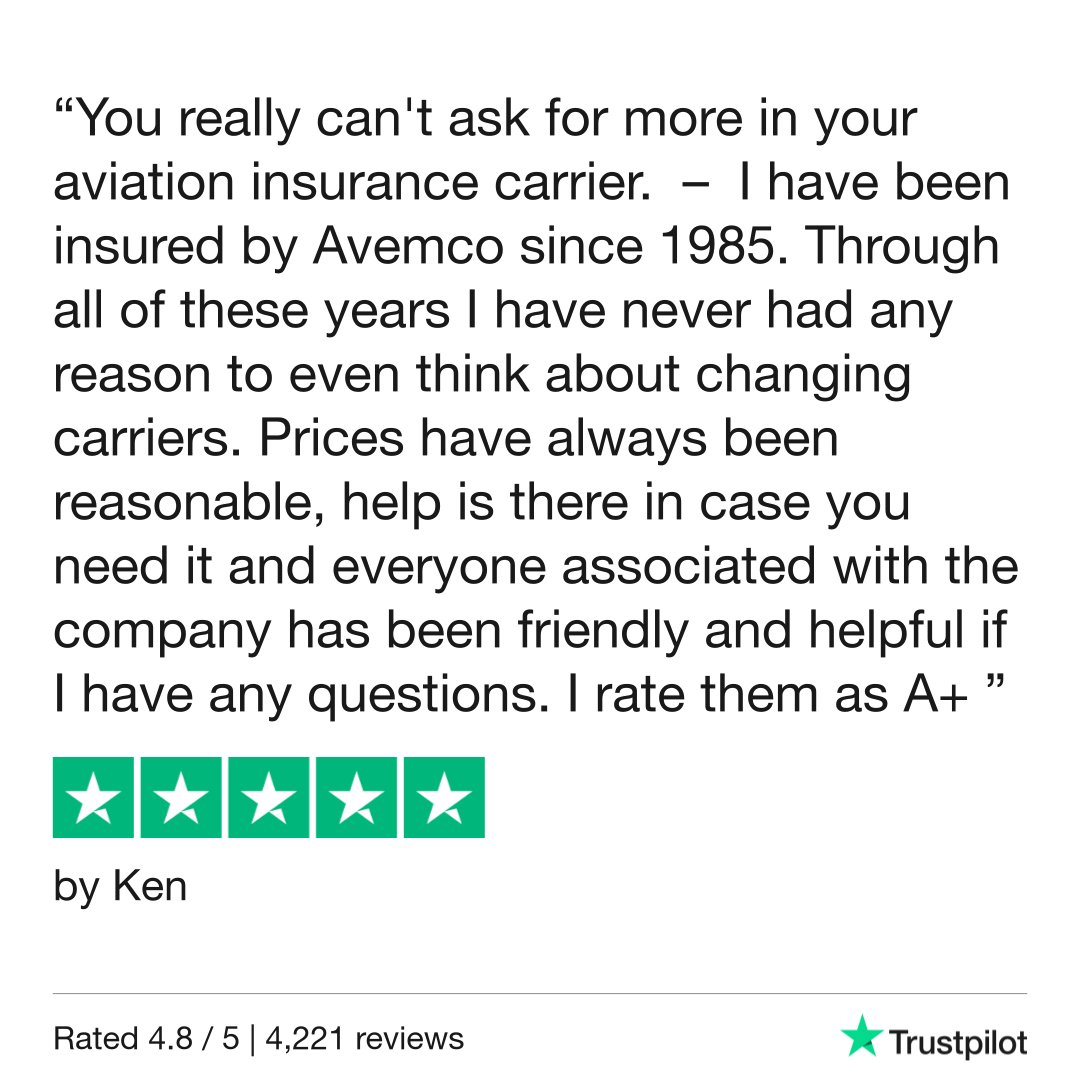 ⭐ We are so grateful for your loyal business and appreciate your review, Ken! We pride ourselves in our service and work hard for customers like you. 🛩
#CustomerAppreciation #TrustpilotReview #CustomerTestimonial #Avemco #AvemcoInsuranceCompany #Aviation