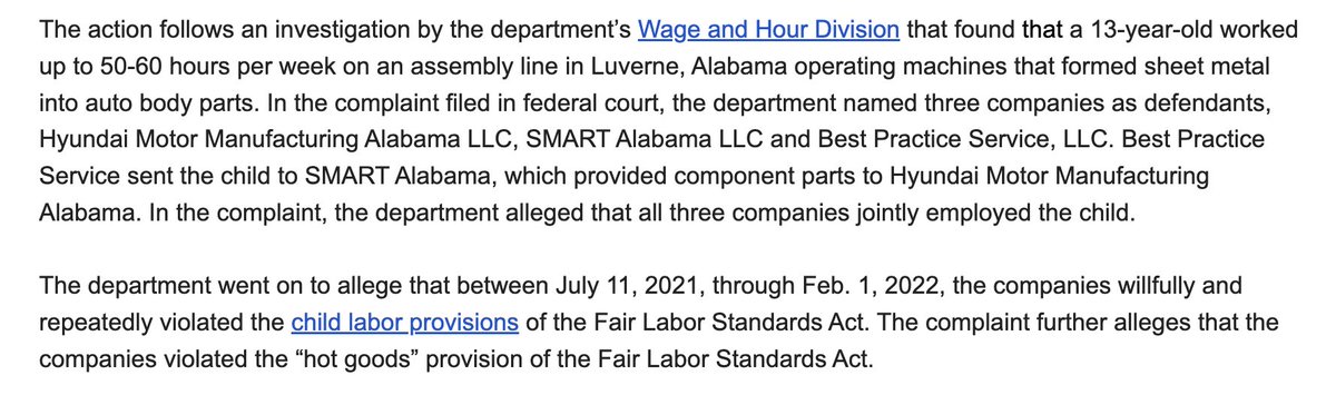 The Dept. of Labor has filed a child labor complaint against Hyundai in Alabama, alleging the employment of a 13-year-old.