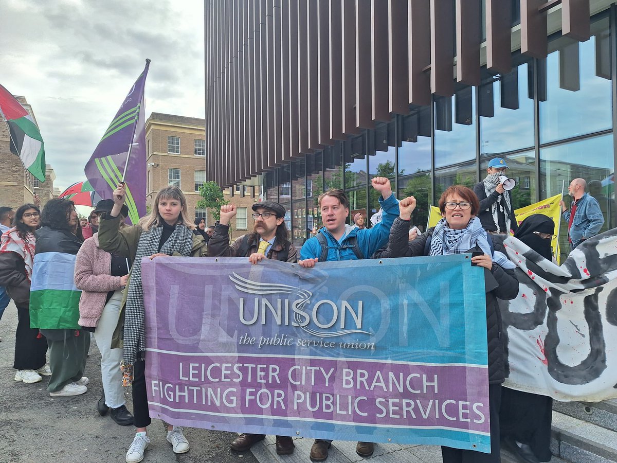 Today UNISON activists joined <a href="/uolpalestinesoc/">UOL PALESTINE SOCIETY</a> in calling for <a href="/uniofleicester/">University of Leicester</a> to cut ties with arms companies whose weapons are being used to carry out the inhumane slaughter of thousands of Palestinians 🇵🇸✊ #HandsOffRafah