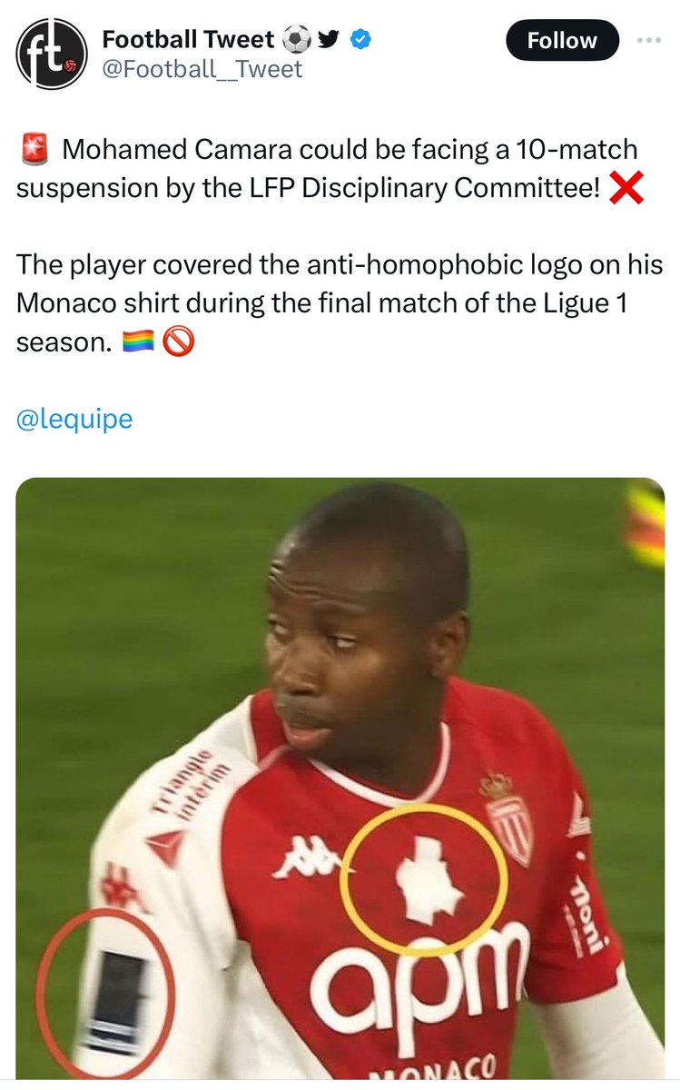 Increasingly on here, football stories with LGBTQ angles are used by blue-tick accounts to stir up division, which equals clicks, views, engagement, revenue. Take today’s story of Mohamed Camara’s disciplinary hearing. No way he’s getting anywhere near a 10-game ban… /1