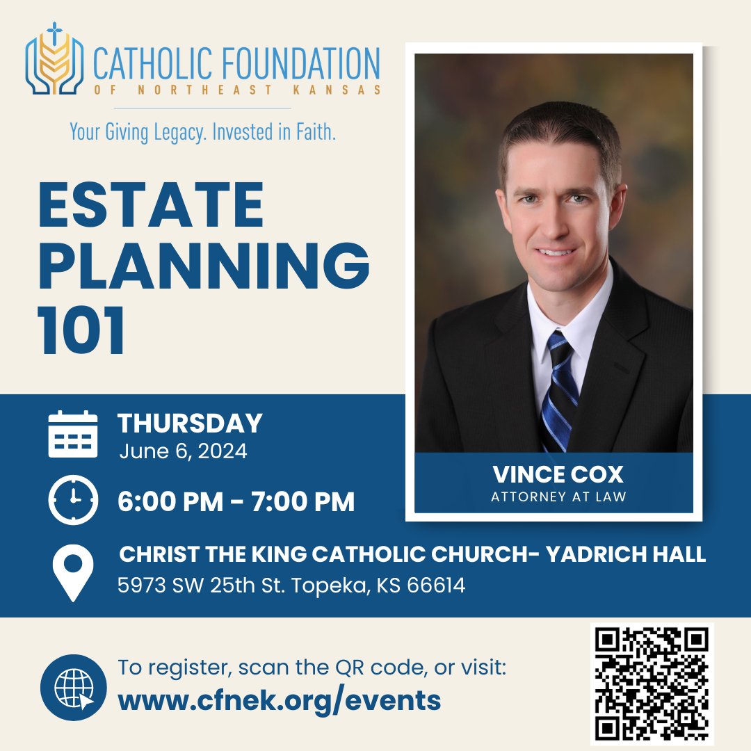 CFNEKansas's tweet photo. Join us on June 6 for an Estate Planning Workshop! The event begins at 6:00 PM with a presentation on Estate Planning 101 from Attorney at Law, Vincent Cox, of Cavanaugh, Biggs &amp; Lemon, P.A.  

Register at https://t.co/e1lijxmRav or by contacting Mitch Nolan at 913.647.3070. https://t.co/MwQ29rZeq6