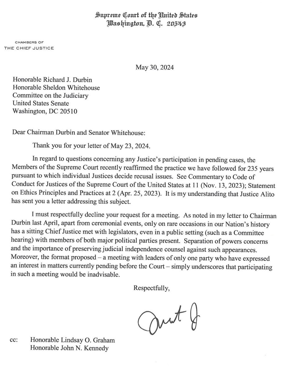 Chief Justice John Roberts refuses to meet with lawmakers to discuss their concerns over the unethical behavior of the conservative Justices. He doesn't care about their naked corruption. They act untouchable. Time to expand SCOTUS to 13 members after the 2024 election.