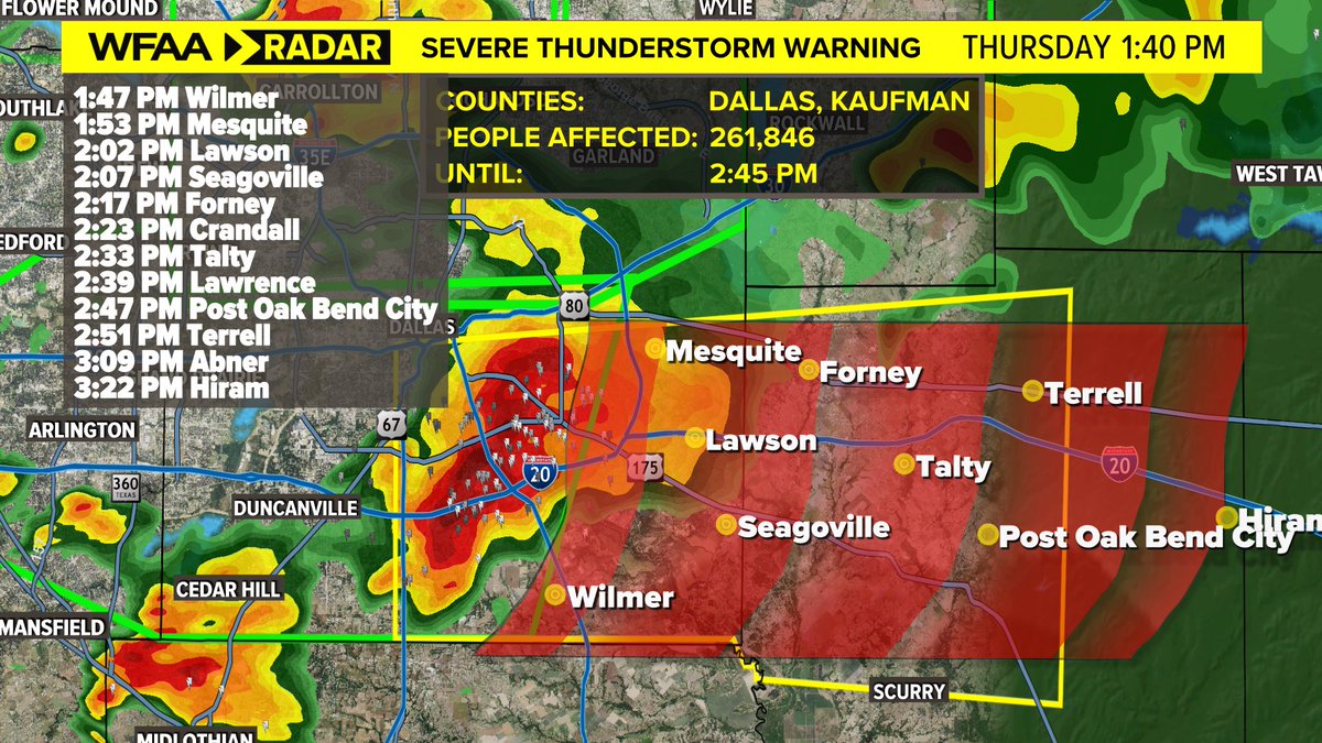 Severe thunderstorm warning Dallas and Kaufman County. Hail up to the size of quarters and damaging winds up to 60 MPH possible. The flash flooding threat continues for all of the metroplex. #wfaaweather