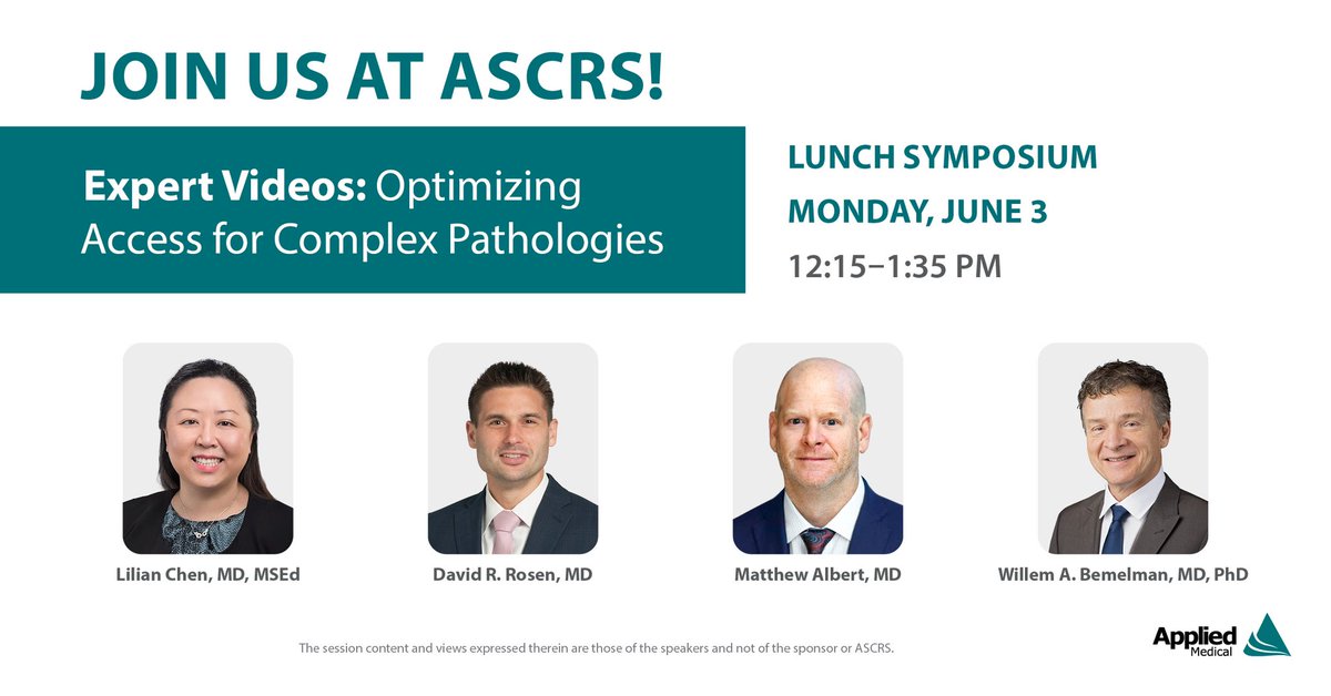 Join <a href="/davidrosenmd/">davidrosen</a> <a href="/WBemelman/">Willem Bemelman</a> <a href="/TAMISYoda/">Matthew Albert</a> and Lillian Chen for a lunchtime video session <a href="/ASCRS_1/">ASCRS_1</a> in Baltimore. See you there!