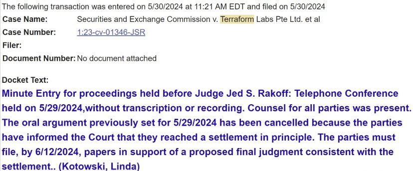 Read the words slowly. “Because the parties (TFL and SEC) have informed the Court that they have reached a settlement in principle.”

After two years we will finally have our answer. Bullish for $LUNC! 

We have a strong community, and #Binance support. Send it!💎🤲🏻 #Crypto #LUNC