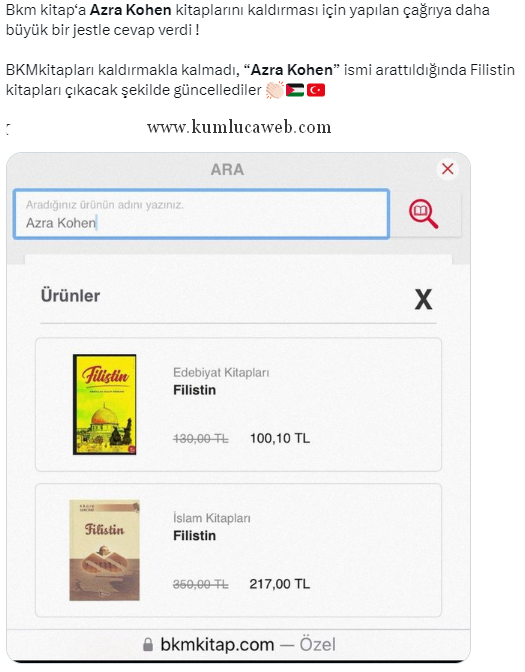 kumlucahaberler's tweet photo. Kitapyurdu, D&R, İdefix ve BKMKİTAP "Filistinliler çocuklarını bombaların atılacağı yerlere bilerek götürüyor" diyen yazar Azra Kohen'e ait kitapları satıştan kaldırırdı.
#Sondakika #kumlucahaberleri #drkitap #kitapyurdu #idefix #bkmkitap #filistin #azrakohen https://t.co/coUXPPGNWq