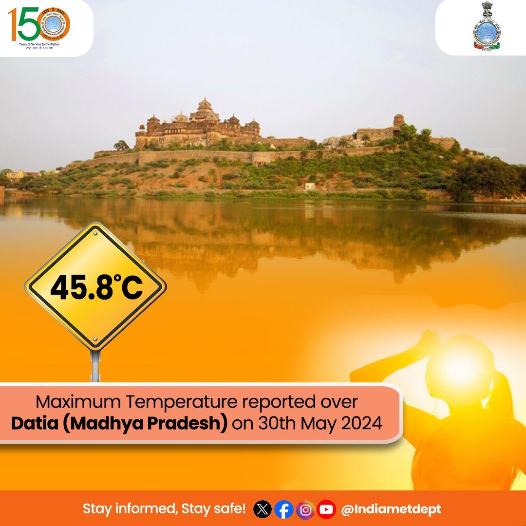 Indiametdept's tweet image. Maximum Temperature reported over Datia (Madhya Pradesh) on 30th May 2024

#maximumtemperature #datia #madhyapradesh

@moesgoi
@ndmaindia
@DDNational
@airnewsalerts
@RailMinIndia
@DDNewslive
@NHAI_Official