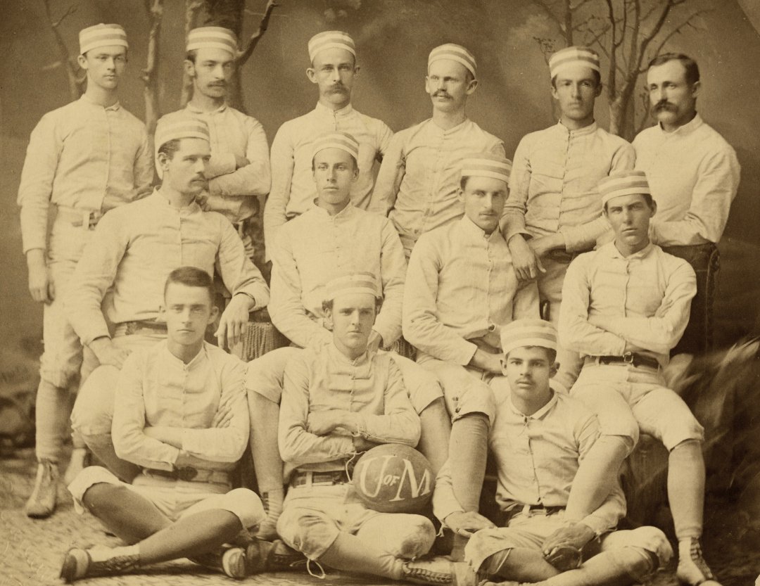 #OnThisDay 145 years ago, @UMichFootball played their first official game! 🏈 U-M’s first team, shown here, defeated Racine College 1-0. According to the U-M Chronicle, they felt “splendidly” after the match! #GoBlue 📸: U-M Photo Vertical File, 1879 football team