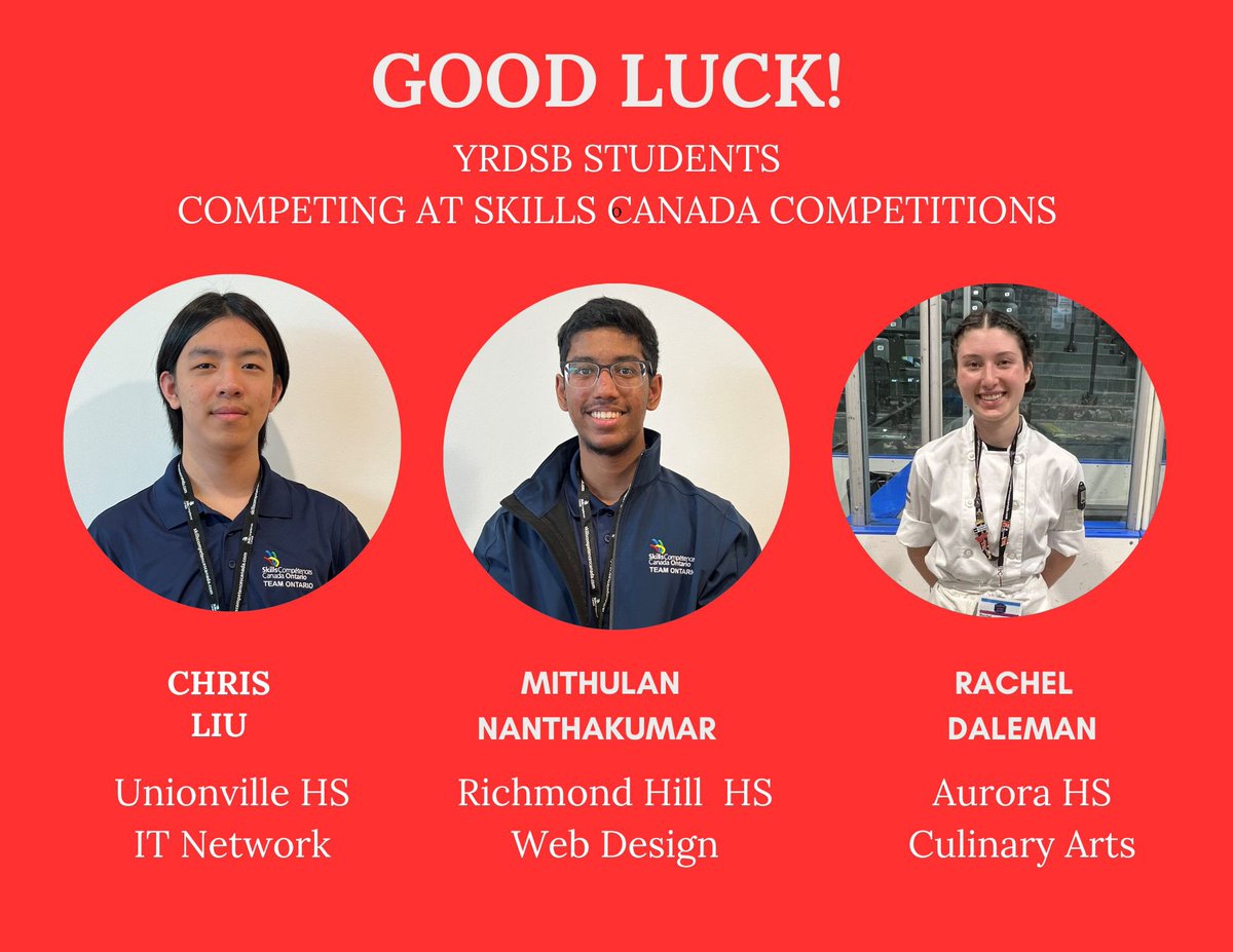 Good Luck to students in <a href="/YRDSB/">York Region DSB</a> who are part of Team Ontario, competing with students from different provinces in various Skills based competitions hosted by <a href="/Skills_Canada/">Skills Canada</a>.  We are so proud of you! <a href="/skillsontario/">Skills Ontario</a> <a href="/YRDSBPathways/">YRDSB Pathways</a>