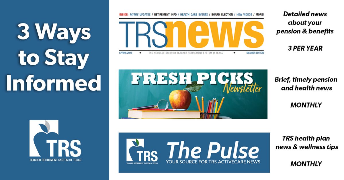To help our members and retirees stay informed, we offer three publications that provide the latest information on your health care and pension fund. Learn more: 📰TRS News: ow.ly/jJMJ50M793l 📰Fresh Picks: ow.ly/kb7U50M793m 📰The Pulse: ow.ly/RsBM50M793n