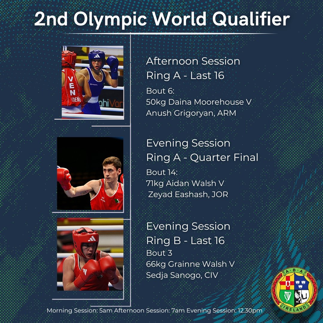 3 Ireland boxers in action in the 2nd Olympic World Qualifier on Friday - and 71kg Aidan Walsh boxes to book his ticket to #Paris2024

⏰Daina Moorehouse: 8.15am
⏰Aidan Walsh: 9.45am
⏰Grainne Walsh: 1pm

📹 olympics.com/en/sport-event…

More here:
iaba.ie/heartbreak-for…