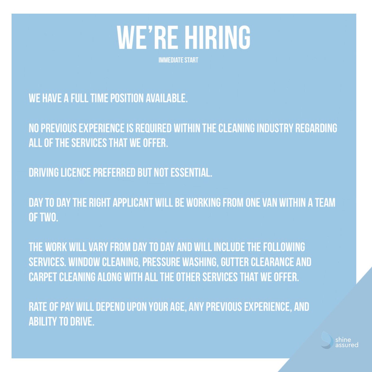 ShineAssured's tweet image. We’re Hiring. We have one full time position available with an immediate start. 

freephone: 0800 910 1853
mobile: 07789 195 335 
email: shineassured@hotmail.co.uk