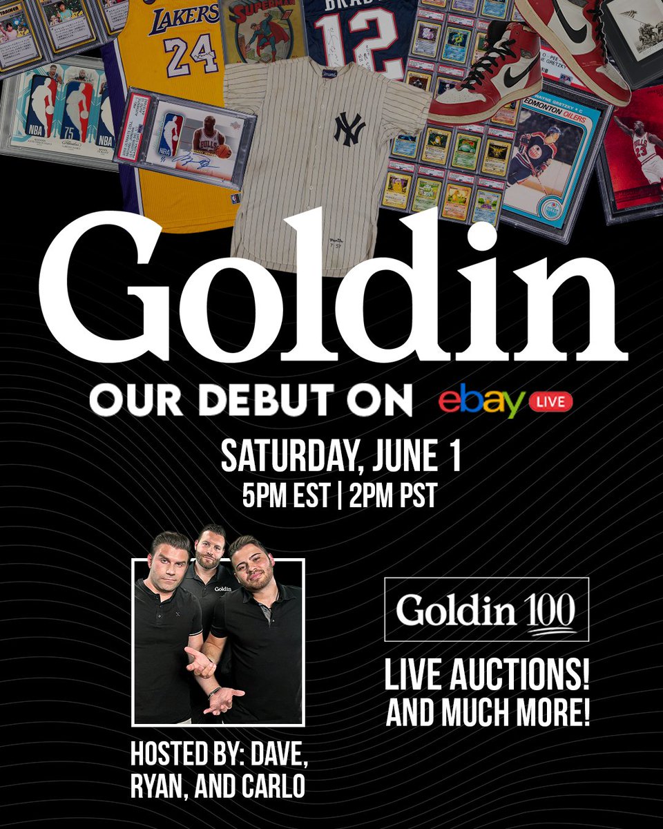 🚨 OUR DEBUT ON @EBAY LIVE IS COMING THIS SATURDAY! 🚨 Saturday, June 1st at 5 PM ET, Dave, Carlo, & Ryan will be making their debut on eBay Live and discussing our #Goldin100, hosting Live Auctions and much more! Tune in this Saturday: ebay.to/3yAqzWq