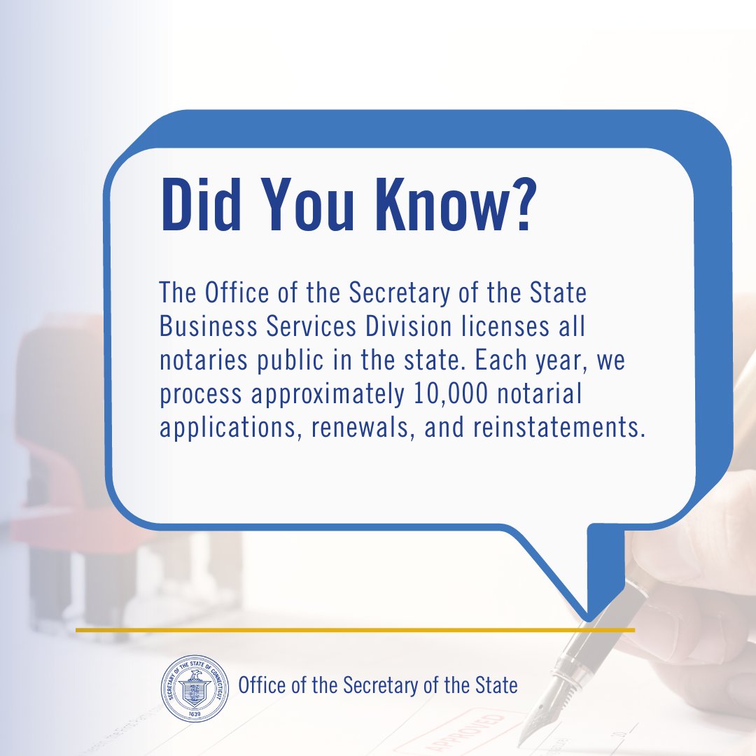 Notaries serve as impartial witnesses to important document signings like wills & deeds, & more. If you're interested in being one, visit: bit.ly/SOTSNotaryPubl…! 
#NotaryPublic #notary #SmallBusinessMonth #smallbusiness #Connecticut