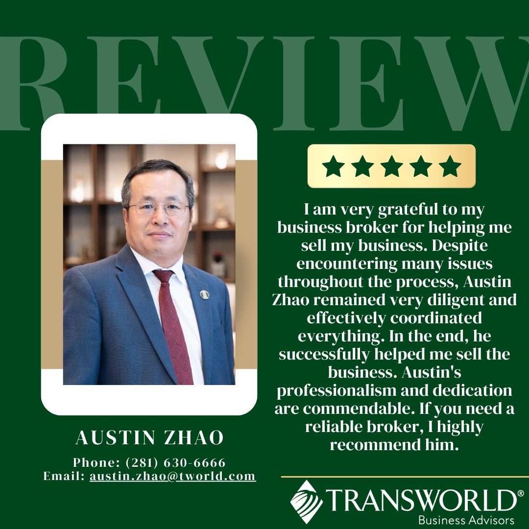 Congratulations to Senior Business Advisor Austin Zhao on his recent 5-star Google Review! To contact Austin to buy or sell a business, click here: bit.ly/3PdXWBl

#5starreview #sold #happybuyer #happyseller #businessbroker #closing #tworld #houston #texas #htx