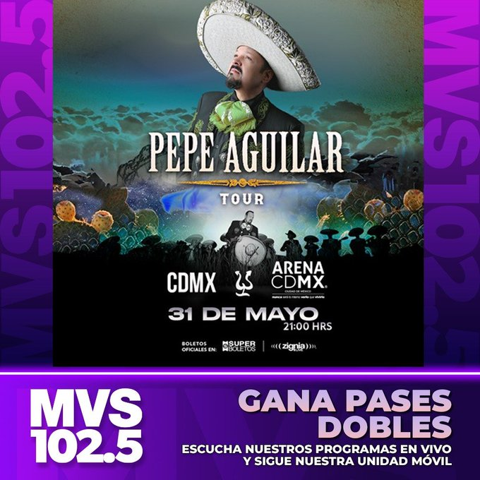 Uno de los representantes más grandes del regional mexicano, de vuelta en escena. El inigualable @PepeAguilar , en concierto en la @ArenaCdMexico ¡No puedes perdértelo! MVS 102.5 te invita a este increíble espectáculo, sintoniza nuestra programación y obtén tus accesos.🐎🤠