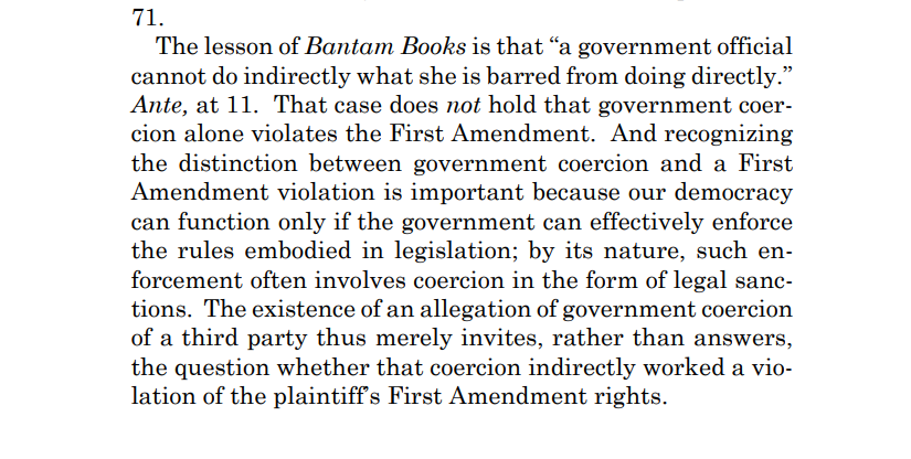 SteveDescano's tweet photo. That's why the most interesting thing about #Vullo is Justice Jackson's concurrence. Her point about the difference between coercion and 1st Amendment violations is really important. I'm glad she laid that marker down. https://t.co/kzTvorHj1y