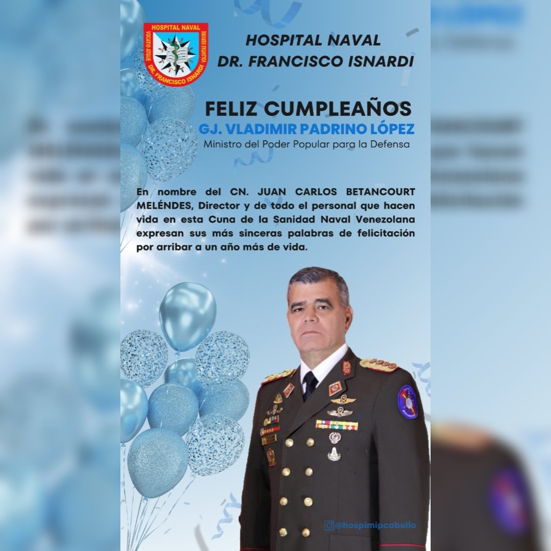#30MAY🗓  La gran familia del @hospimipcabello se honra en felicitar al GJ. VLADIMIR PADRINO LÓPEZ, Ministro del Poder Popular para la Defensa. 

¡FELICIDADES EN SU DÍA!

<a href="/vladimirpadrino/">Vladimir Padrino L.</a>