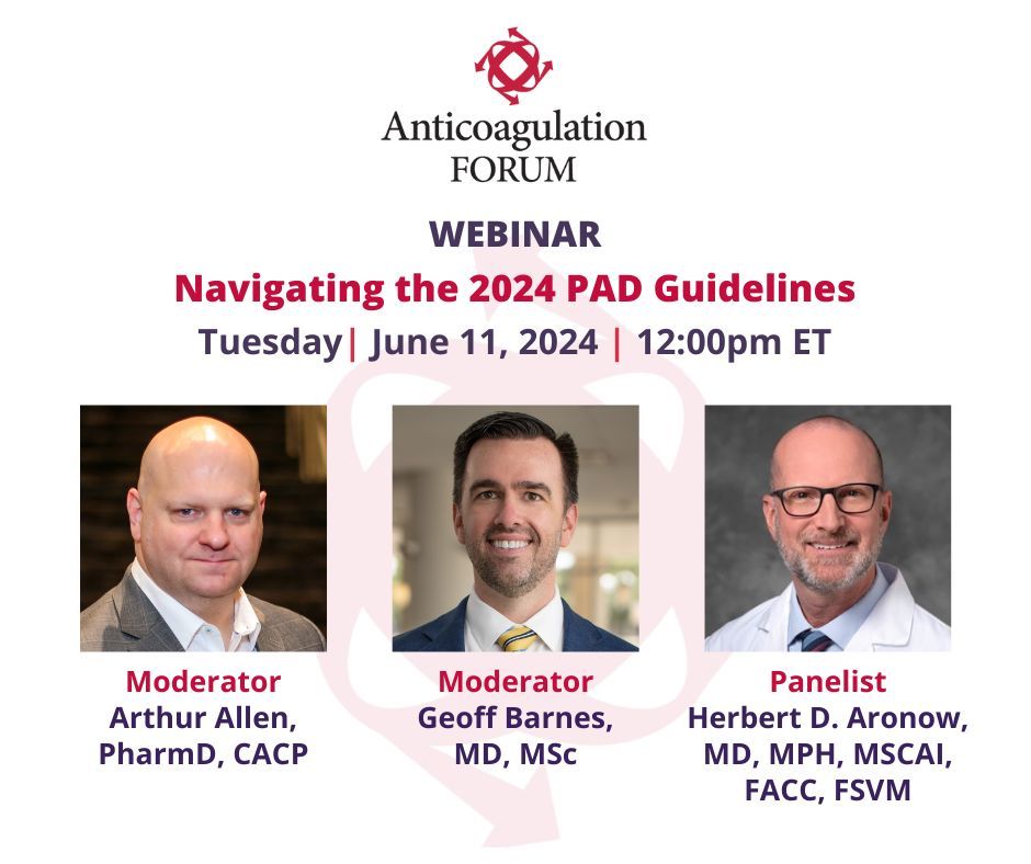 🔊 New webinar speaker added! We are thrilled to announce that @AAllenPharmD will be joining @GBarnesMD & @herbaronowMD to dive into the 2024 PAD guidelines led by @ACCinTouch & @American_Heart. Tues / June 11 / 12 noon ET Learn more & register bit.ly/4avk2JT