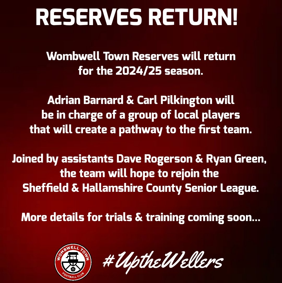 Exciting news as our Reserves will return for the 24/25 season.

Information on trials and training will follow in the next few days.

#UptheWellers