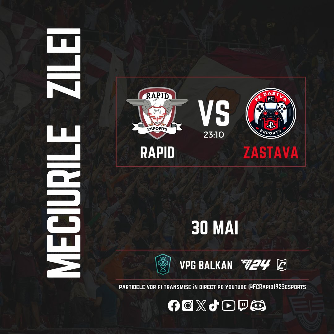 📅Thursday, May 30th, 2024

🏆<a href="/VPGBalkan/">Virtual Pro Gaming Balkan™️</a>
🆚 Puskás Akadémia eSport 🕑22:00 EEST
🆚 <a href="/JuventusBuc/">Juventus Bucuresti eSports</a> 🕑22:25 EEST
🆚 FK Zastava eSports 🕑23:10 EEST

🏆<a href="/VPGPremier/">VPG Esports Premier</a>
🆚 Lleida eSports 🕑22:45 EEST

Watch on YouTube: Rapid eSports TV.