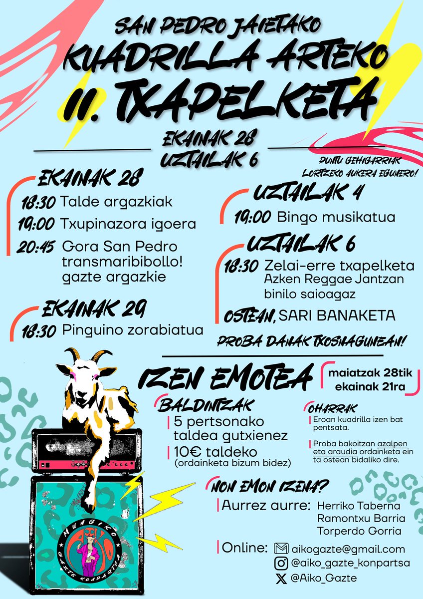 II. KUADRILLA ARTEKO TXAPELKETA⚡️

Jaiek ganean dekuz eta hamen dau aurton aurrera erongo dogun txapelketan egitaraue! Hasi prestatzen eta nagiek kentzen! 🤸🏻‍♂️🏋🏼

📝IZEN EMOTEA ZABALIK, Herrikon, Ramontxun eta Torpedon

ANIMATU ETA EMON IZENA!🥳

MUNGIKO GAZTIOK MARTXAN! ❤️‍🔥