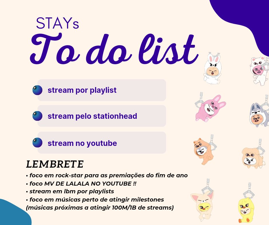 STAYs lembrete do dia

• noeasy ➡️ 1B
- média de 600K diários 

• 3 músicas ➡️ 100M
- christmas evel 
- venom 
- easy

• stream em lmb 
- rodar playlists 
- pedir nas rádios 

• STREAM S-CLASS YOUTUBE 

o foco do stationhead não são noeasy e lmb , necessário rodar playlist ‼️