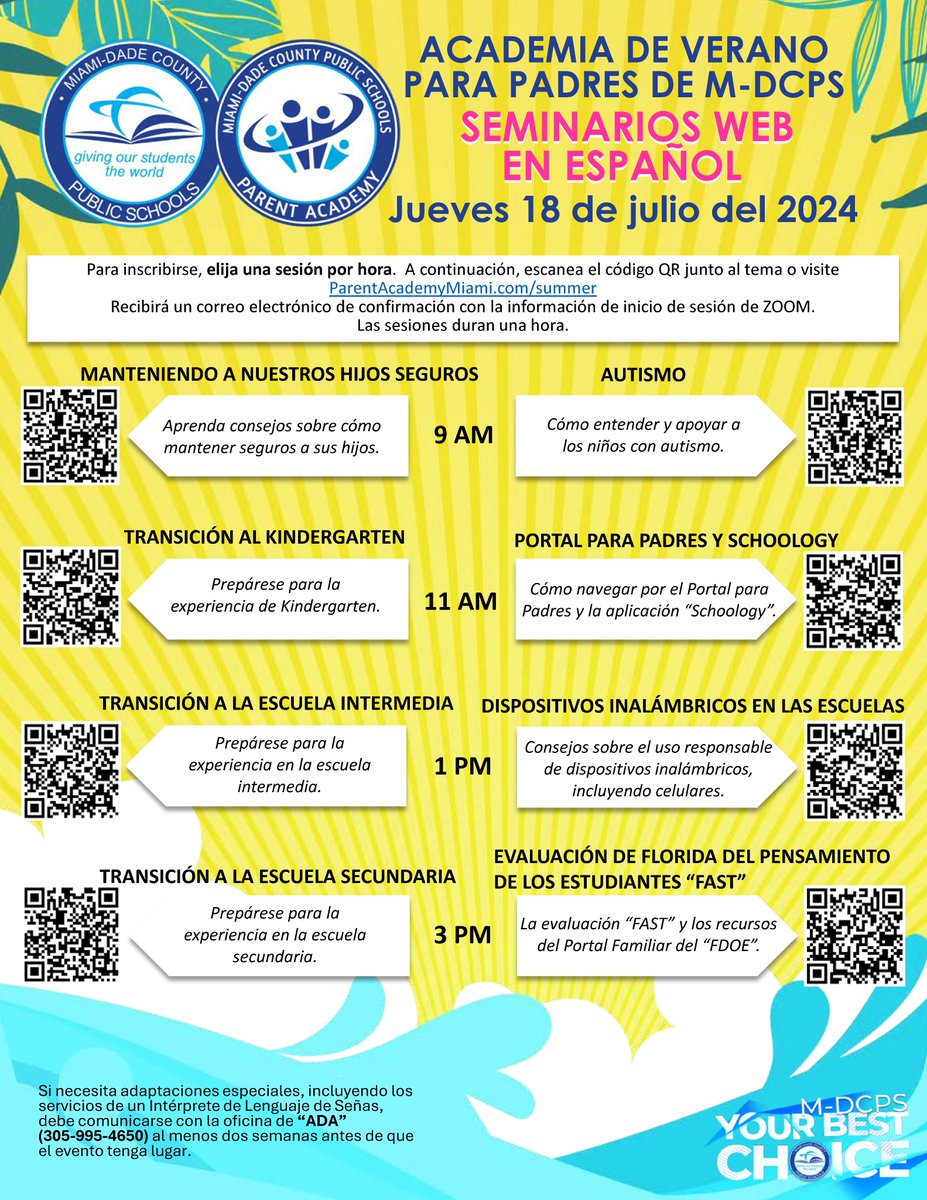 Padres, únanse a nosotros el jueves 18 de julio en el "Summer Parent Academy" en español, 8 temas importantes. Participe en línea o presencial en uno de nuestros centros comunitarios. Para más información visite ParentAcademyMiami.com/summer
<a href="/SuptDotres/">Jose L. Dotres, Ed.D.</a> <a href="/MDCPS/">Miami-Dade Schools</a>