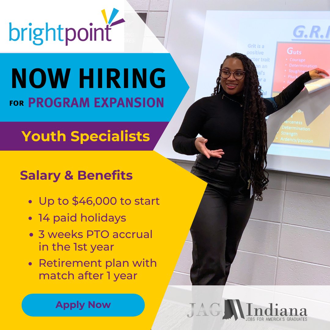 If you want to help young people reach their full potential, this might be the opportunity you've been looking for!

Apply today at mybrightpoint.org/careers to make a difference. The work of a JAG Specialist is meaningful AND offers great benefits.